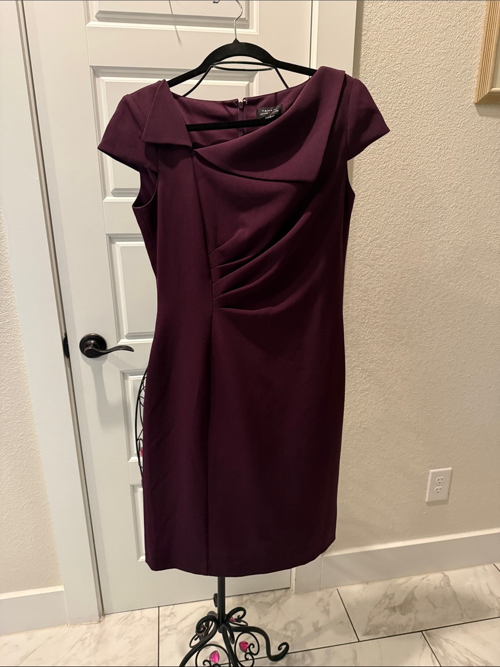 Tahari ASL Plum Draped Cap-Sleeve Midi Dress